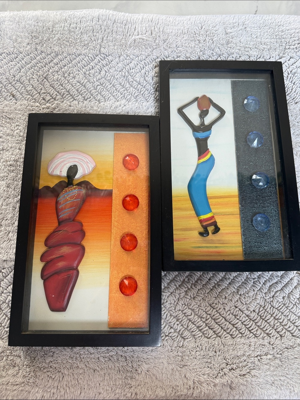 Pair of Black-Framed African Woman Wall Art Prints in Red and Blue